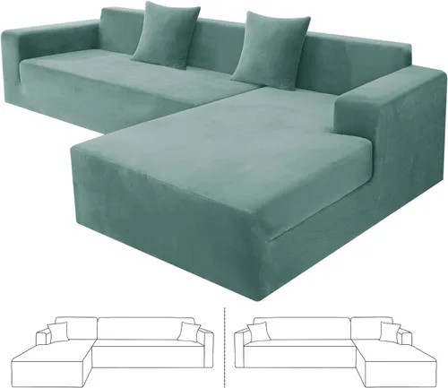Vista 22 de ZNSAYOTX Fundas para sofá modular de terciopelo suave, fundas de felpa de lujo con parte inferior elástica para sofá modular en forma de L, 2