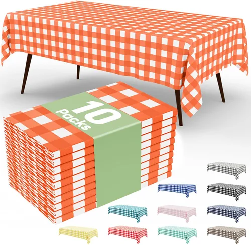 Vista 72 de Smiry Paquete de 3 Manteles Desechables de Cuadros Gingham Color Caqui - 54" x 72" Mantel de Plástico de Servicio Pesado, Cubiertas de Mesa
