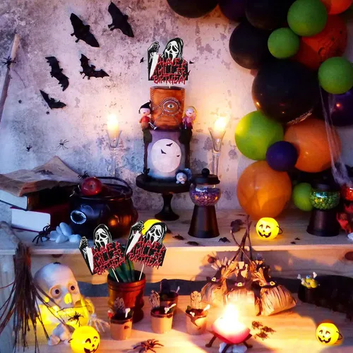Vista 6 de 1 pieza de decoración de pastel de cumpleaños con purpurina montada con purpurina clásica de Halloween para torta de terror sangrienta temática