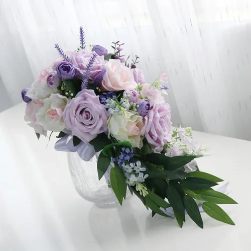 Vista 5 de MOJUN Ramos de boda para novia, rosa morada, taro, gota de agua, ramo de novia en cascada para novia, ramo de novia en cascada para ceremonia de F