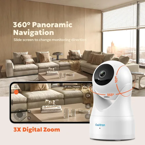 Vista 5 de owltron Cámara interior de 360°, cámaras de visión nocturna 2K para seguridad del hogar con detección de movimiento, WiFi de 2.4G