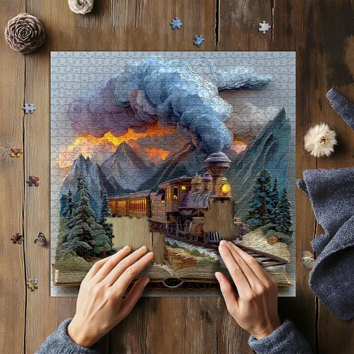 Vista 5 de Rompecabezas de 1000 piezas con libro de tren para adultos, de fantasía, naturaleza, paisaje, arte estético, arte estético, páginas mágicas