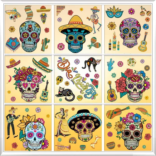 Vista 3 de Calcomanías para ventana del Día de los Muertos, Calaveras de Azúcar para ventana, calcomanías de Halloween para ventana, calcomanías de vidrio