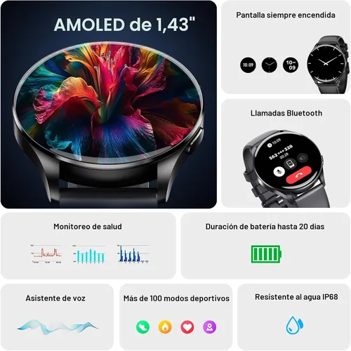 Vista 2 de IOWODO Reloj inteligente para mujeres y hombres, pantalla AMOLED ultra clara de 1.43", rastreador de actividad física con monitor de frecuencia