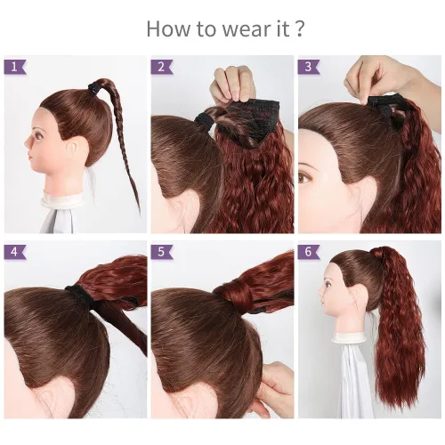 Vista 9 de Extensiones de cola de caballo caoba, cola de caballo rizada con clip, 22 pulgadas, 3.5 onzas, extensión de cabello sintético negro, extensión