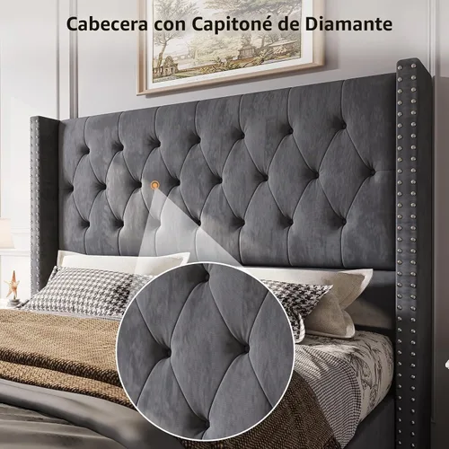 Vista 5 de PaPaJet Marco de cama de terciopelo Queen con cabecera de ala de 49.2 Gris