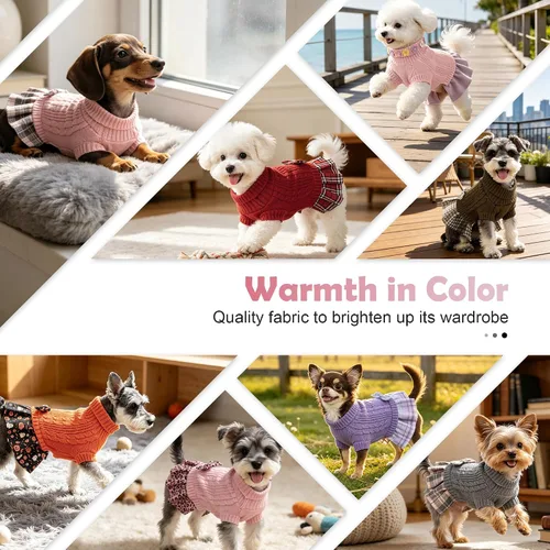 Vista 4 de WOYYHO Vestido de suéter para perro pequeño con corbatín, ropa de perro de Rosa polvoriento