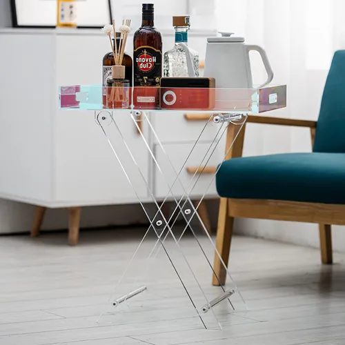 Vista 5 de Mesa plegable de acrílico iridiscente, mesa auxiliar de acrílico colorida, mesa de centro cuadrada moderna, mesa de servicio portátil para espacios