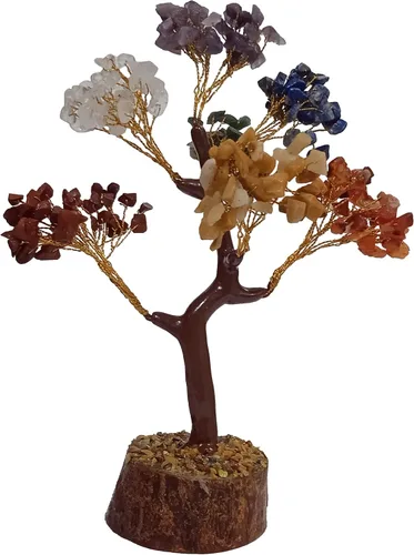 Vista 4 de Purpledip Árbol de dinero bonsái de piedras preciosas de cristal de siete chakras: piedras semiterciosas montadas en alambre dorado (12600)