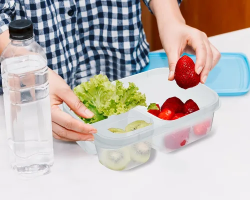 Vista 8 de Tanlade Lonchera Bento reutilizable de 37 onzas, 6 unidades, 3 compartimentos, recipientes de plástico para preparación de comidas, 12 recipientes