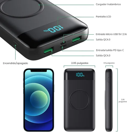 Vista 3 de Wireless Portable Charger 30,800mAh,15W Wireless Charging USB C Power Bank,25W PD QC 4.0 Fast Charging 4 Outputs Travel Essentials Battery Pack Negro