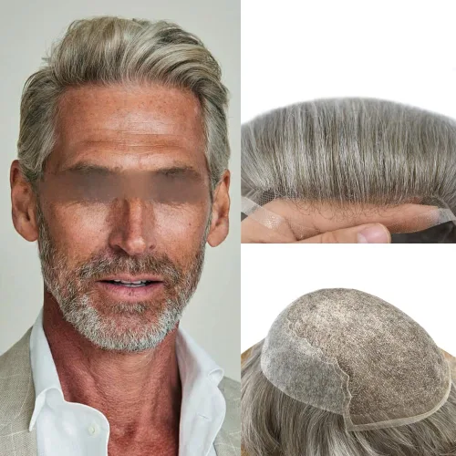 Vista 55 de Toupee para hombres, sistema de reemplazo de cabello humano Remy, nudos blanqueados, encaje frontal, piel fina, para hombre, color gris, pelucas