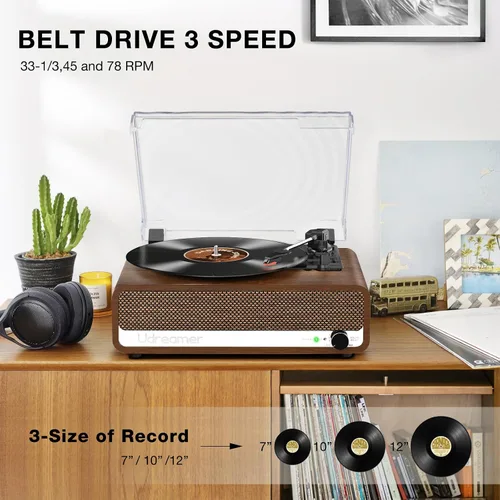 Vista 5 de Reproductor de discos de vinilo con altavoces, tocadiscos de 3 velocidades con Bluetooth, Aux, conector para auriculares, salida RCA y parada