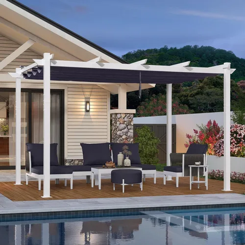 Vista 23 de PURPLE LEAF Pergola retráctil de 10 x 10 pies, pérgola blanca, toldo extra, azul marino