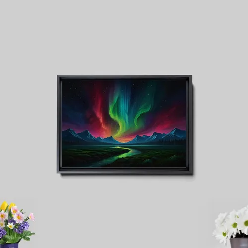 Vista 7 de Aurora Borealis, Northern Lights Art, framed canvas print, snow capped mountain landscape art, synthwave vaporwave, Home Decor, Wall