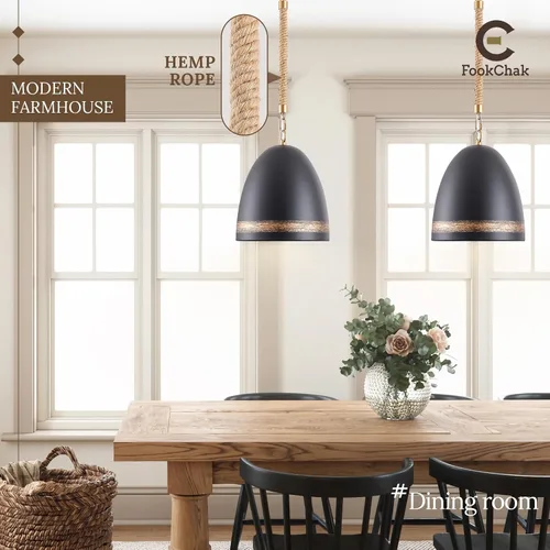 Vista 3 de Lámpara colgante de granja negra de 10 pulgadas, cuerda de cáñamo bohemio, iluminación de isla de cocina, lámpara colgante de techo de campo francés