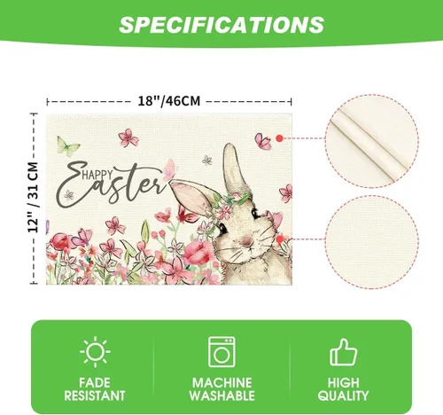 Vista 6 de Artoid Mode Juego de 4 manteles individuales de Pascua con diseño de conejo, diseño floral, 12 x 18 pulgadas, para decoración de fiestas, cocina
