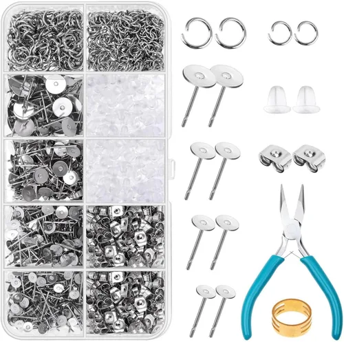 Vista 8 de Caffox - Juego de 2000 aretes hipoalergénicos con base de anillo y parte trasera para aretes de cuero, arcilla, perlas (oro y plata)