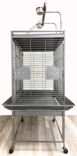Vista 3 de Gran elegante y duradera jaula de loro de hierro forjado con plataforma de percha, escalera de escalada, protección de semillas alrededor, estante