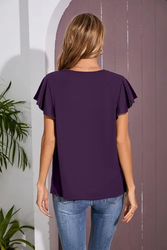 Vista 2 de Iandroiy Blusa plisada básica con cuello en V y volantes para mujer
