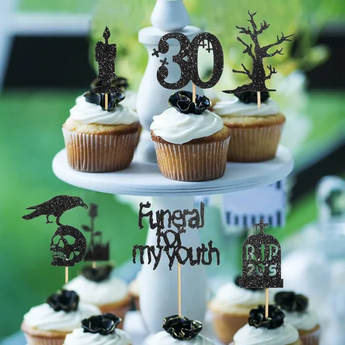 Vista 4 de Roowest 48 adornos para cupcakes de los años 20 con purpurina de Death to My Twenties Rip to My 20, decoraciones de fiesta de cumpleaños de 30 años