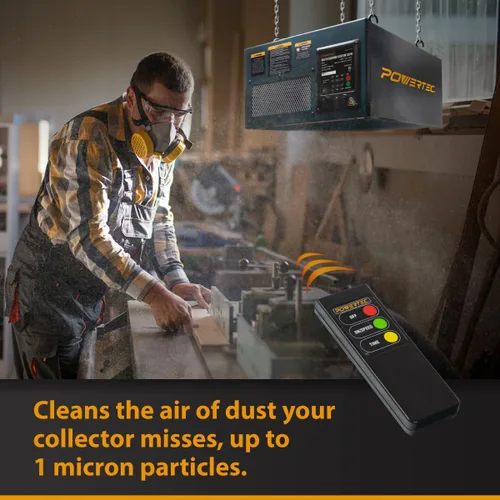 Vista 2 de POWERTEC Sistema de filtración de aire controlado a distancia de 3 velocidades para carpintería (300/350/400 CFM), filtro de aire colgante
