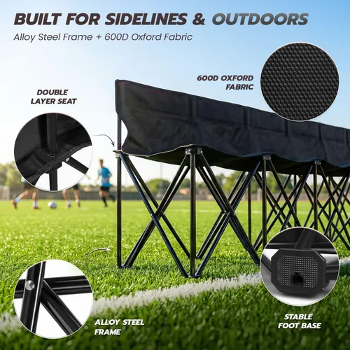 Vista 7 de Flexzion Asiento de banco plegable portátil, 6 plazas, banco de fútbol plegable, asientos portátiles para gradas, camping, línea lateral, con Negro