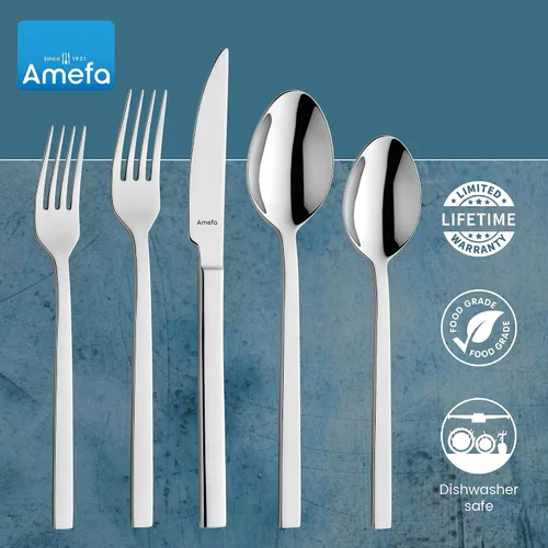 Vista 5 de Amefa Cube - Juego de cubiertos de acero inoxidable con acabado de espejo de alto brillo, asas ergonómicas, cubiertos resistentes al óxido