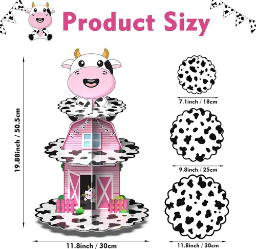 Vista 3 de Holy Cow I'm One Birthday Decor – Soporte de cartón con estampado de vaca de 3 niveles para fiesta de primer cumpleaños, soporte para cupcakes
