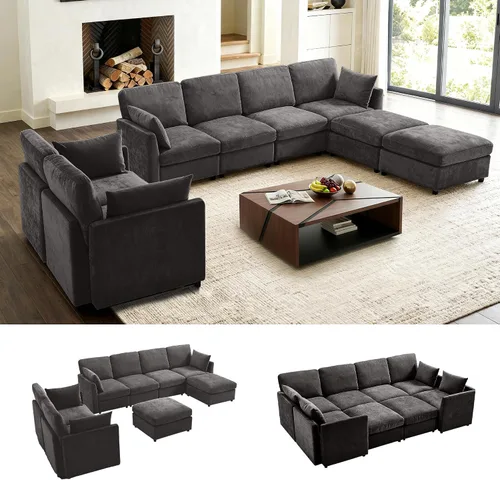Vista 27 de Iroomy Sofá modular modular para sala de estar, asiento con cojín de resorte, moderno sofá convertible en nube con otomana, gris
