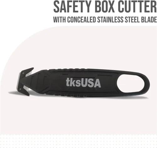 Vista 2 de Cortador de caja de seguridad. tksUSA here, tu cortador inoxidable, abridor de paquetes de acero. Paquete de cuchillos de seguridad con cuchilla