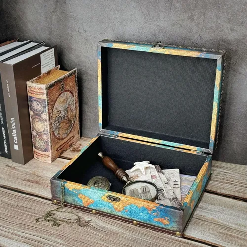 Vista 4 de Caja del tesoro vintage de madera + piel sintética, caja de joyería, caja de recuerdos, caja de recuerdos, caja de recuerdos, regalos para niños