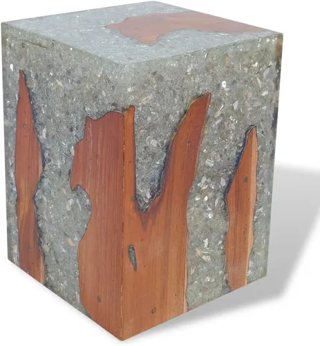 Vista 3 de Taburete de madera maciza de teca y resina, taburete de tocón de árbol con borde vivo, mesa auxiliar de borde natural, soporte para plantas, mesita