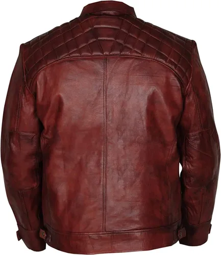 Vista 4 de Chaqueta de cuero vintage con hombros acolchados para hombre, estilo retro, clásico, con diamantes desgastados, para motocicleta, Cafe Racer