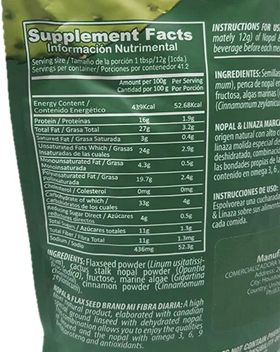 Vista 3 de Nopal & Linaza. Suplemento dietético de fibra de semillas de cactus y lino de nopal. 17.6 oz.