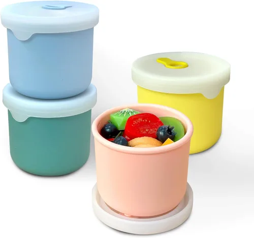 Vista 10 de Paquete de 4 recipientes de silicona de almacenamiento de alimentos de 8.5 onzas con tapas, 1 taza de recipientes reutilizables para refrigerios