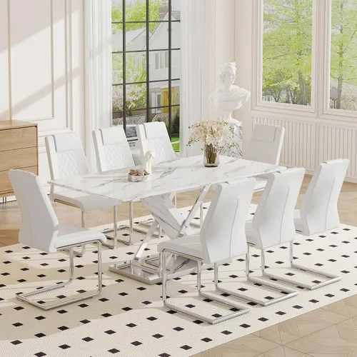 Vista 27 de Juego de mesa de comedor de mármol para mesa rectangular blanca de 6.63 pulgadas con marco de metal plateado en forma de X y 6 sillas de comedor
