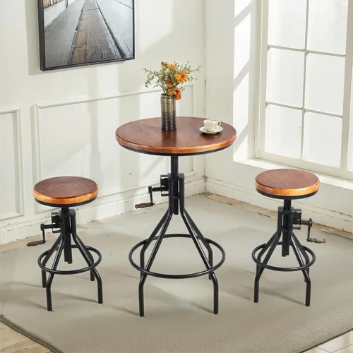 Vista 2 de Taburete industrial de madera para mostrador de granja, altura ajustable con asa, taburete de bar de cocina, color negro, juego de 2
