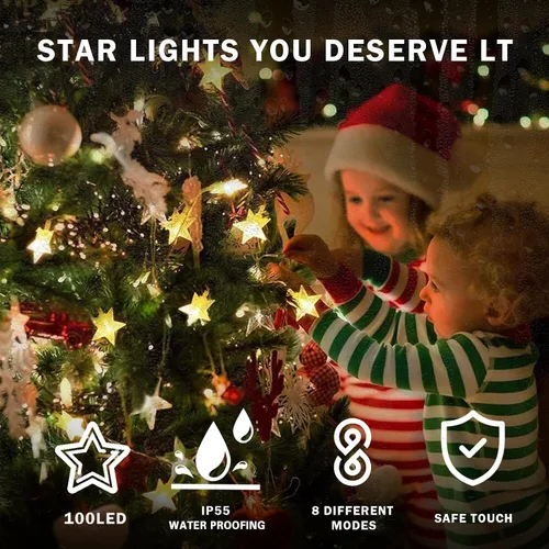 Vista 5 de Guirnalda de luces de estrella, 20 pies, 40 luces LED de estrella con control remoto [temporizador], 8 modos de luces parpadeantes a pilas IP65 a