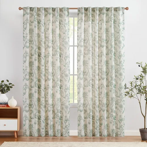 Vista 14 de Jinchan Cortinas de lino para sala de estar de 63 pulgadas de largo, con estampado de hojas tropicales, cortinas botánicas de lino estilo rústico