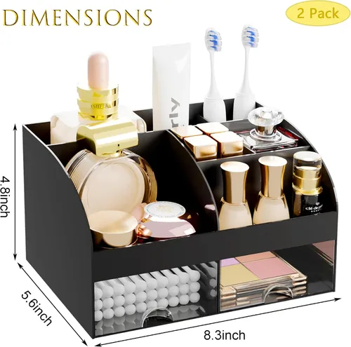 Vista 2 de Organizador de maquillaje con 2 cajones, almacenamiento de cosméticos para tocador y encimera de baño, organización de maquillaje y almacenamiento