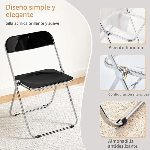 Vista 3 de KAIHAOWIN Silla plegable de acrílico moderna de lujo, silla plegable apilable de cristal fantasma, asiento de sala de estar de plástico de Negro