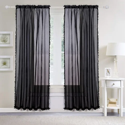 Vista 2 de Elegant Comfort Cortinas semitransparentes con borlas con pompones, juego de 2 paneles, con bolsillo para barra de 2 pulgadas, cortinas