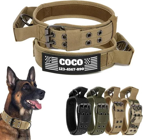 Vista 11 de Collar táctico personalizado para perro con parches de nombre y números, collar personalizado resistente con hebilla de cinturón de metal de 2 pines
