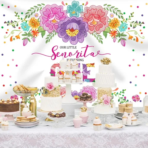 Vista 2 de Fondo de fiesta mexicana para el primer cumpleaños para niñas, flores, Senorita Turning One, fondo de fotografía de 7 x 5 pies, fiesta de niña