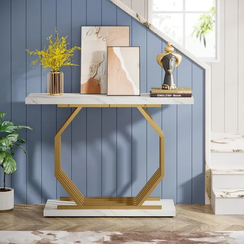 Vista 5 de Tribesigns Mesa Consola Dorada, Mesa de Entrada Estrecha de Mármol Sintético con Base de Metal Geométrica, Mesa de Acento Moderna de 40 Pulgadas