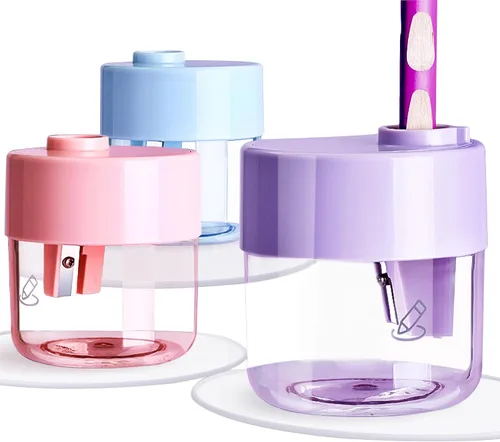 Vista 10 de Paquete de 3 sacapuntas manuales, diseño de doble agujero con contenedor de virutas, sacapuntas de colores portátiles para aula, oficina