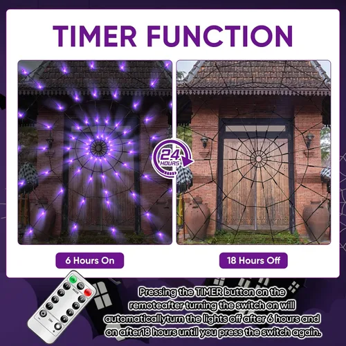 Vista 4 de LCHUANG Decoraciones de Halloween con luces de telaraña – 2 piezas de telaraña iluminadas, 4 pies de diámetro, 70 LED con araña negra, impermeable