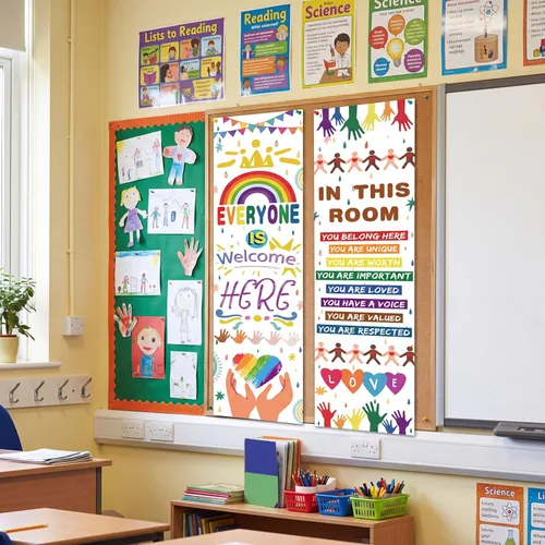 Vista 5 de Estune 2 carteles inspiradores de arcoíris para el aula, letrero de bienvenida para decoración de regreso a la escuela, con texto en inglés