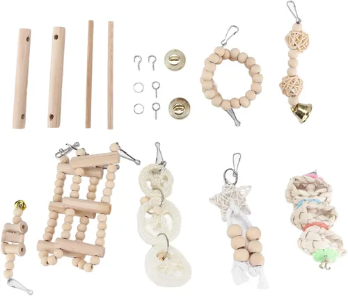 Vista 7 de Bird Cage Toys Set with Wooden Chewing Accessories Includes 8 pieces, Safe natural wood, Multilayer entertainment, Easy to install